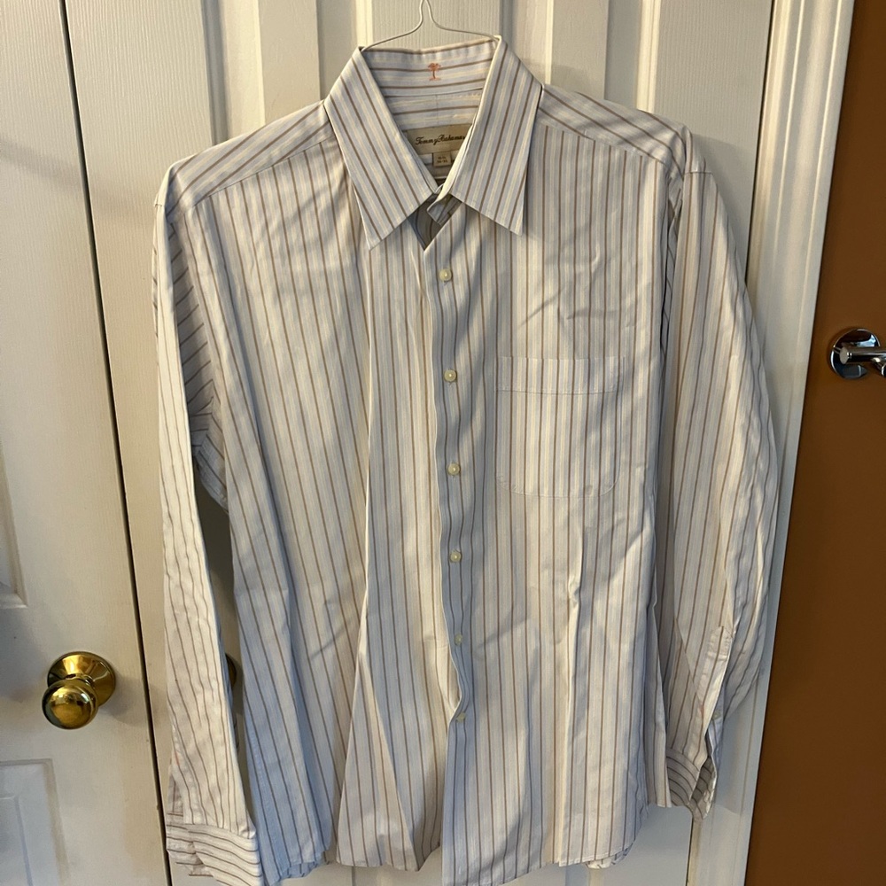 Tommy Bahama Men’s Dress Shirt, 15 1/2, 34-35, Blue / Cream / Tan Stripe